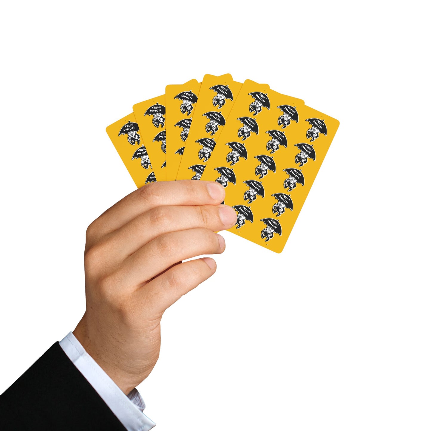 Credit Union Umbrella Man Playing Cards